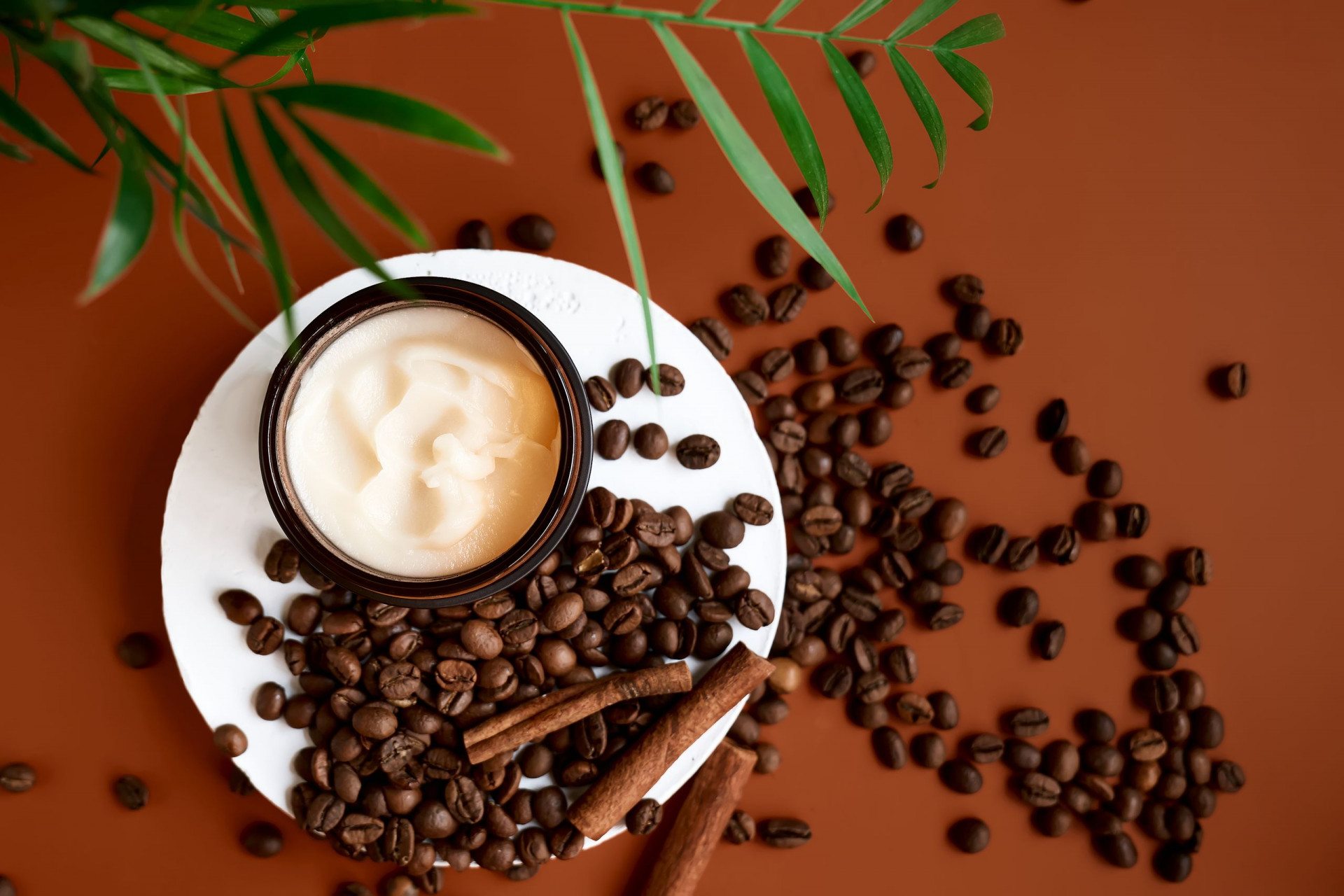 Opened Brown Cream Jar On White Gypsum Cylinder Podium Display With Palm Leaves, Coffee Beans And Ci