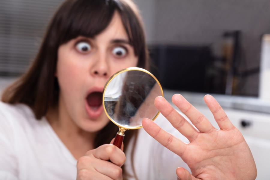 Shocked Woman Looking Through A Magnifying Glass Her Nails