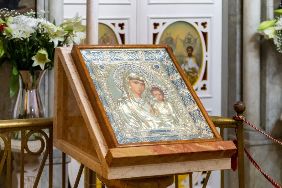 Orhtodox Icon Depicting The Mother Of God and Child is on the stand