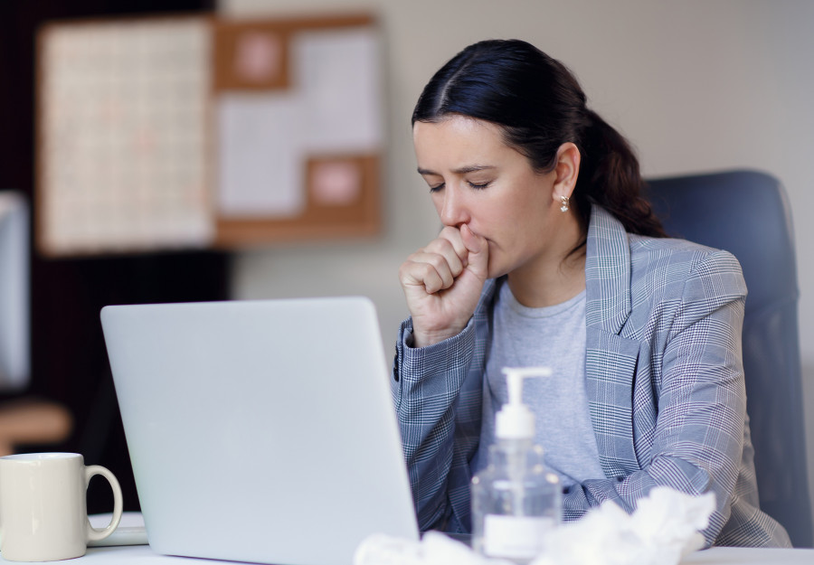 Sick, Ill Unhealthy Female Employee Coughing Or Sneezing