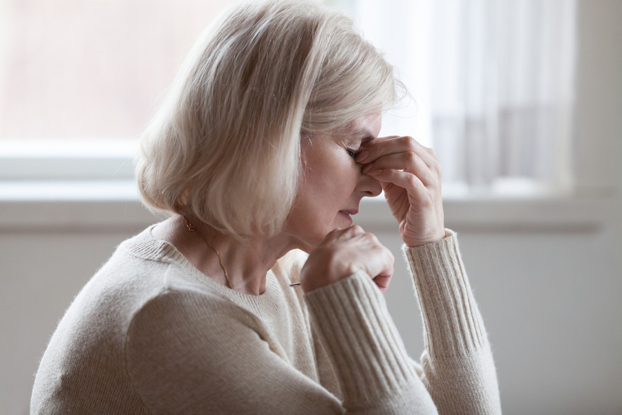 Woman Massaging Nose Bridge Feeling Eye Strain Fatigue Headache