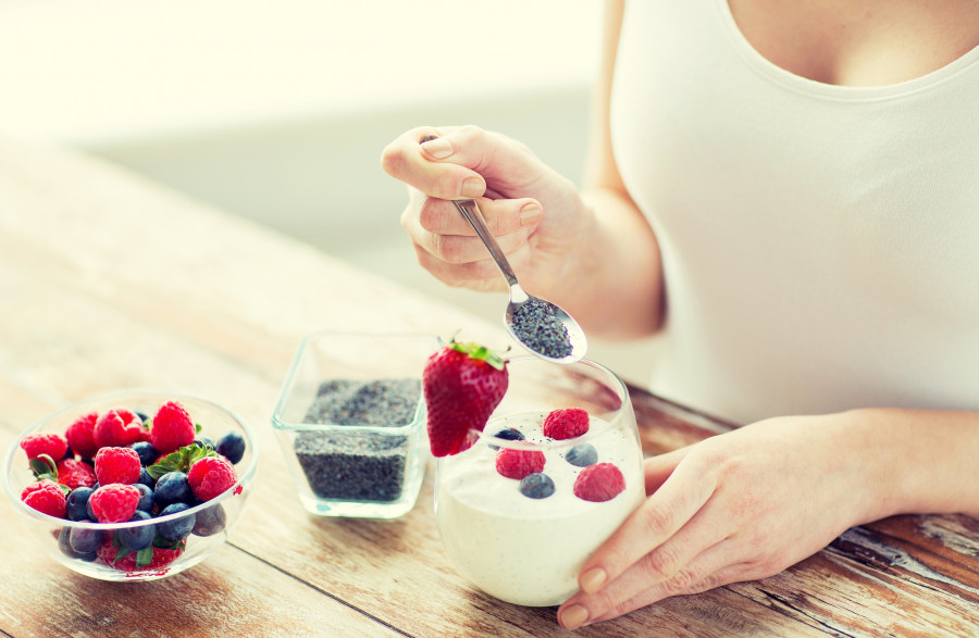 yogurt, berries and poppy or chia seeds