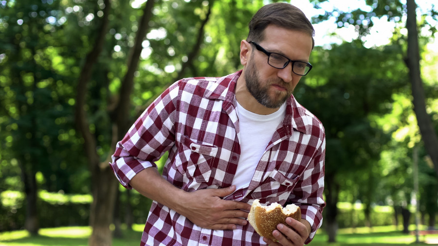 Male Eating Burger, Feeling Nausea, Junk Food Poisoning