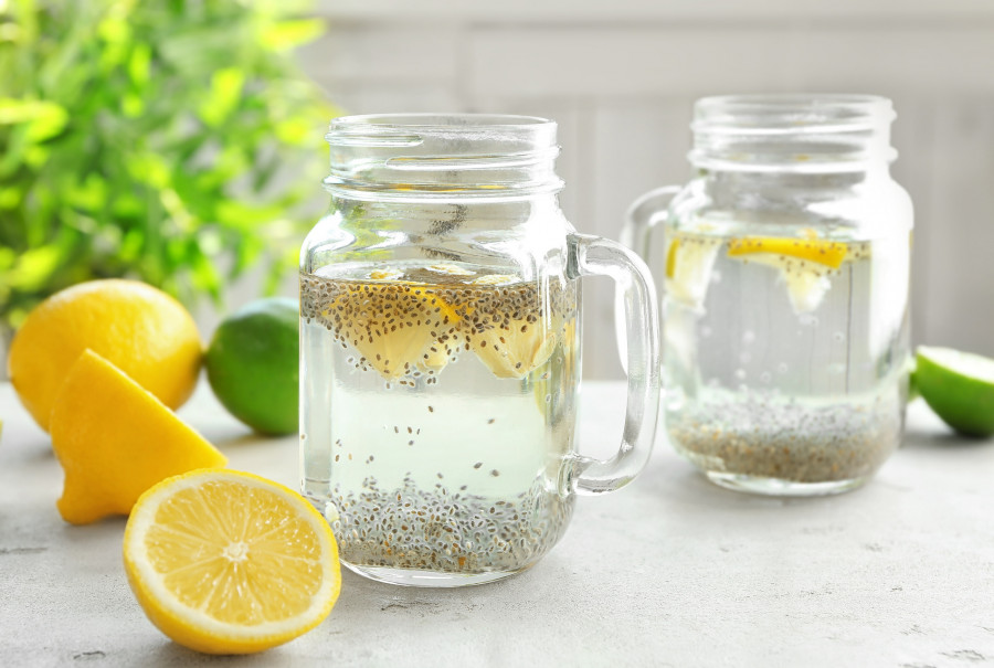 Mason jars with chia seeds, lemon and water