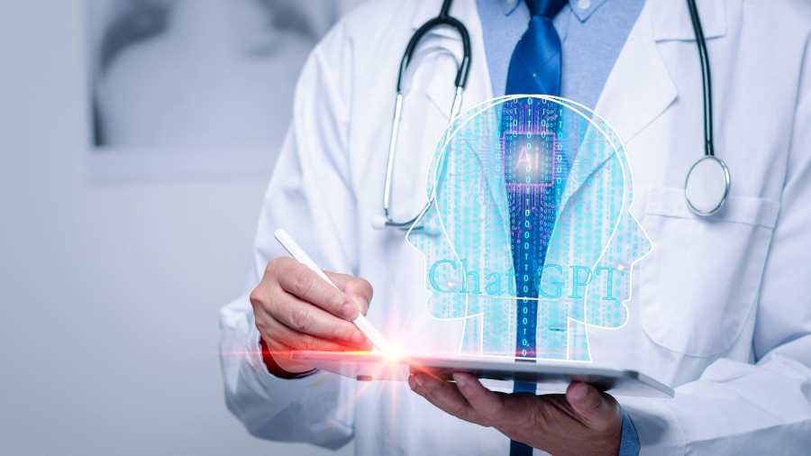 Doctor Man Holds A Tablet Uses Chat Gpt On Virtual Screen For Ch